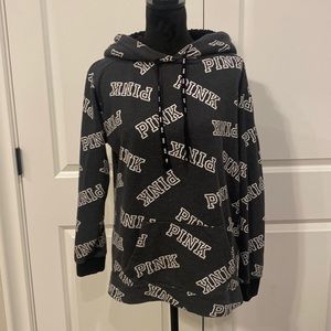 Pink VIctoria Secret Black and White All Over Logo Hoodie